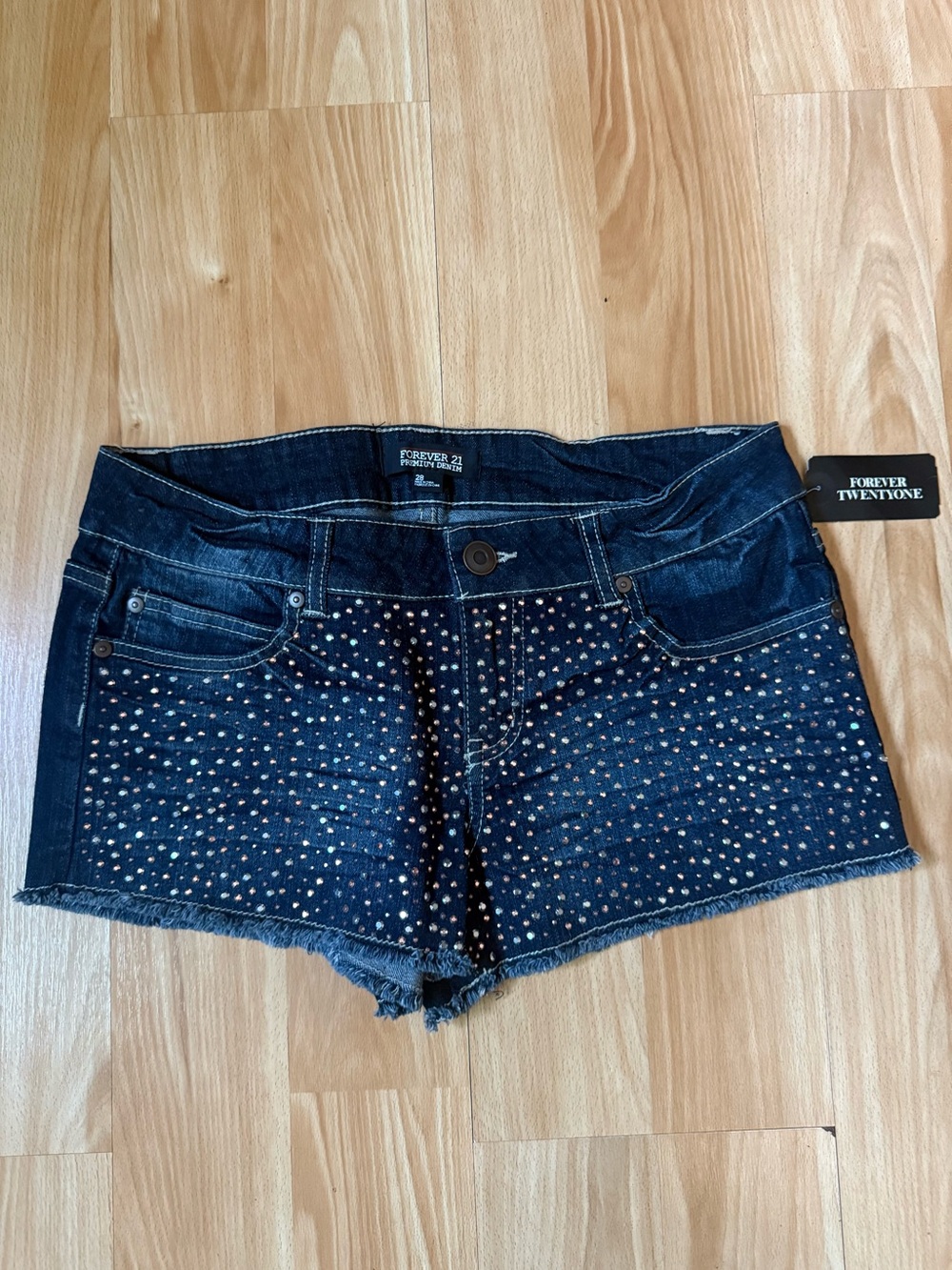 Forever 21 Dark Indigo Rhinestone Embellished Denim Shorts